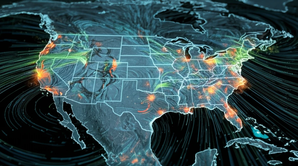 Air currents flowing over a map of the United States