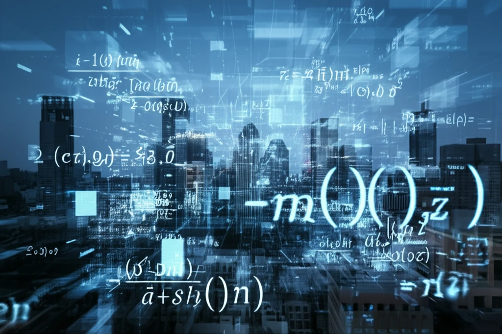 Equations hovering over a city, symbolizing predictive algorithms.