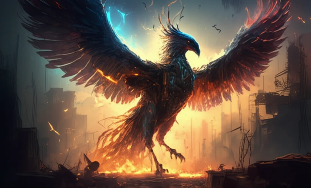 Phoenix rising from ashes, symbolizing organizational learning.