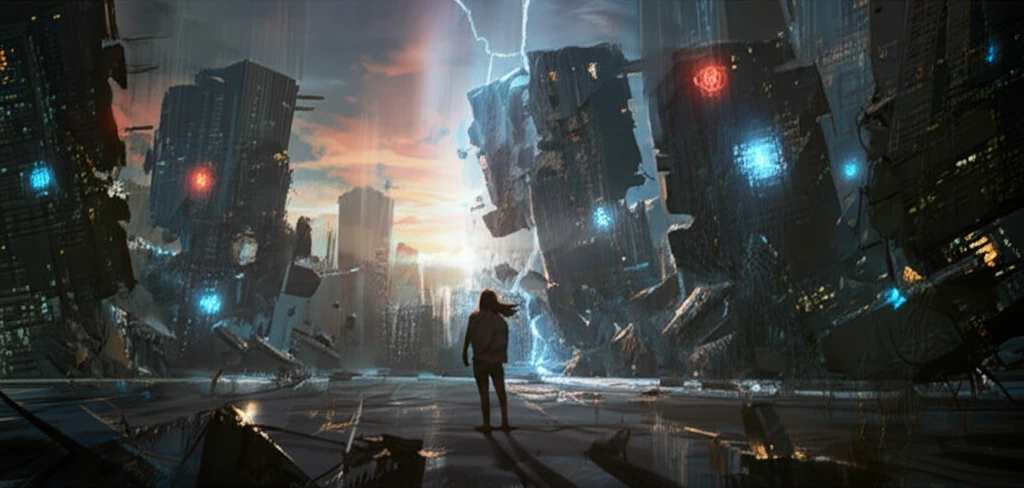 Futuristic city skyline with buildings stabilized by active vibration control systems during an earthquake.