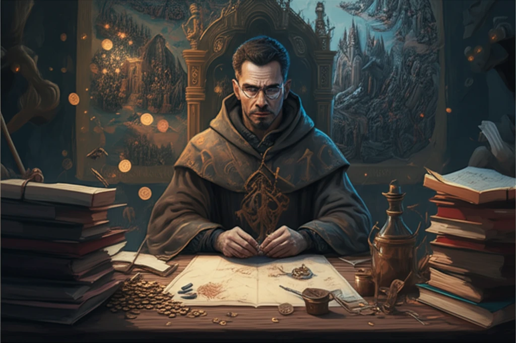 A medieval cleric surrounded by maps, books, and coins, symbolizing their influence on cartography, translation, and economics in medieval Iberia.