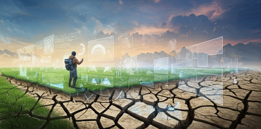 Dry land transforming into a green landscape.