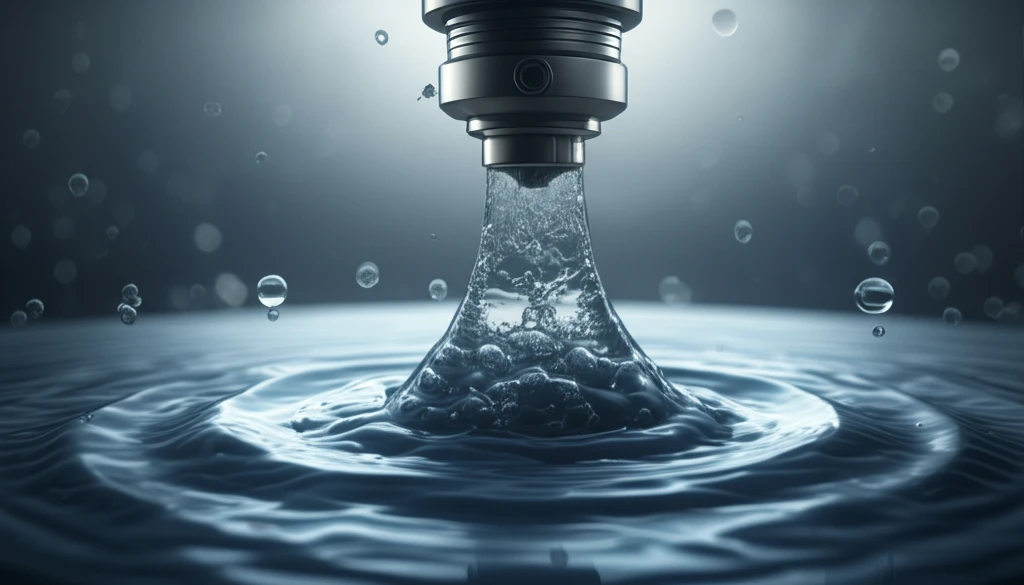 Microscopic view of a gel fiber being formed from a nozzle, showcasing fluid dynamics.