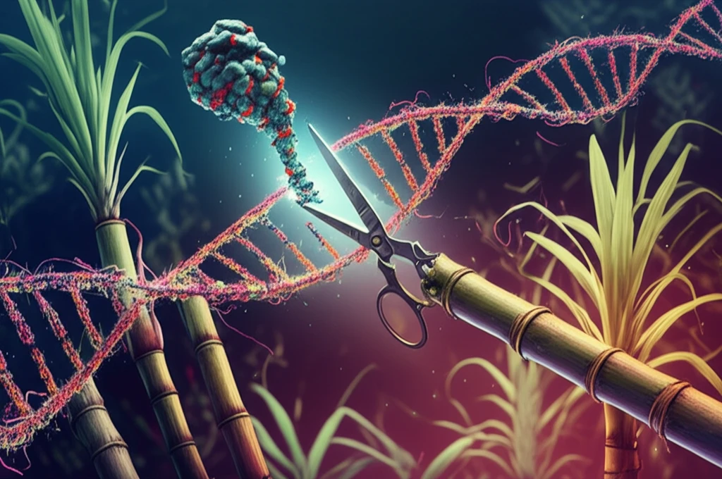 Sugarcane stalks intertwined with DNA strands, CRISPR-Cas9 enzyme cutting DNA