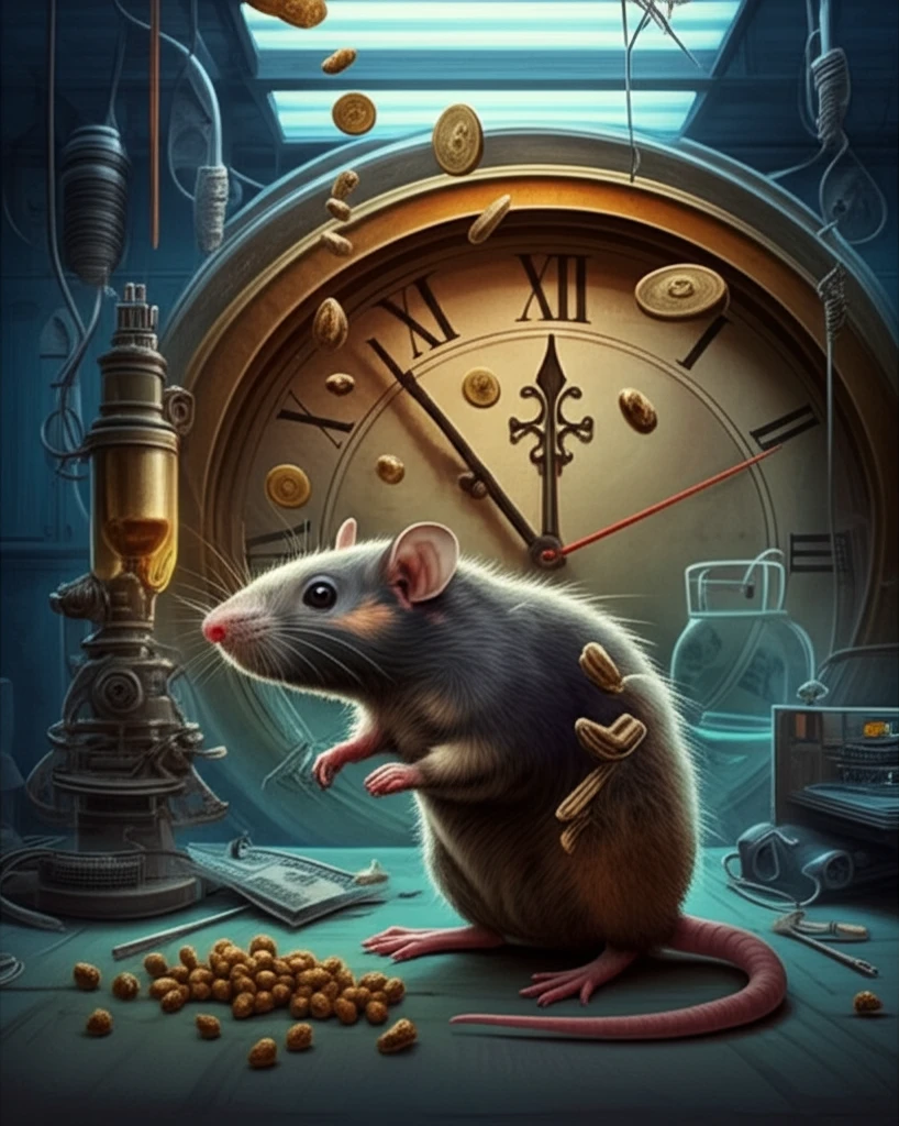 Rat in laboratory with clock and food currency representing circadian rhythm and economic factors influencing food choices.