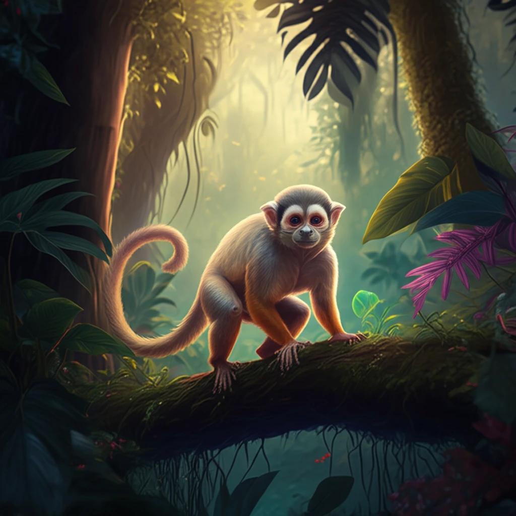 Detailed anatomical illustration of a female squirrel monkey's reproductive system within a rainforest setting.
