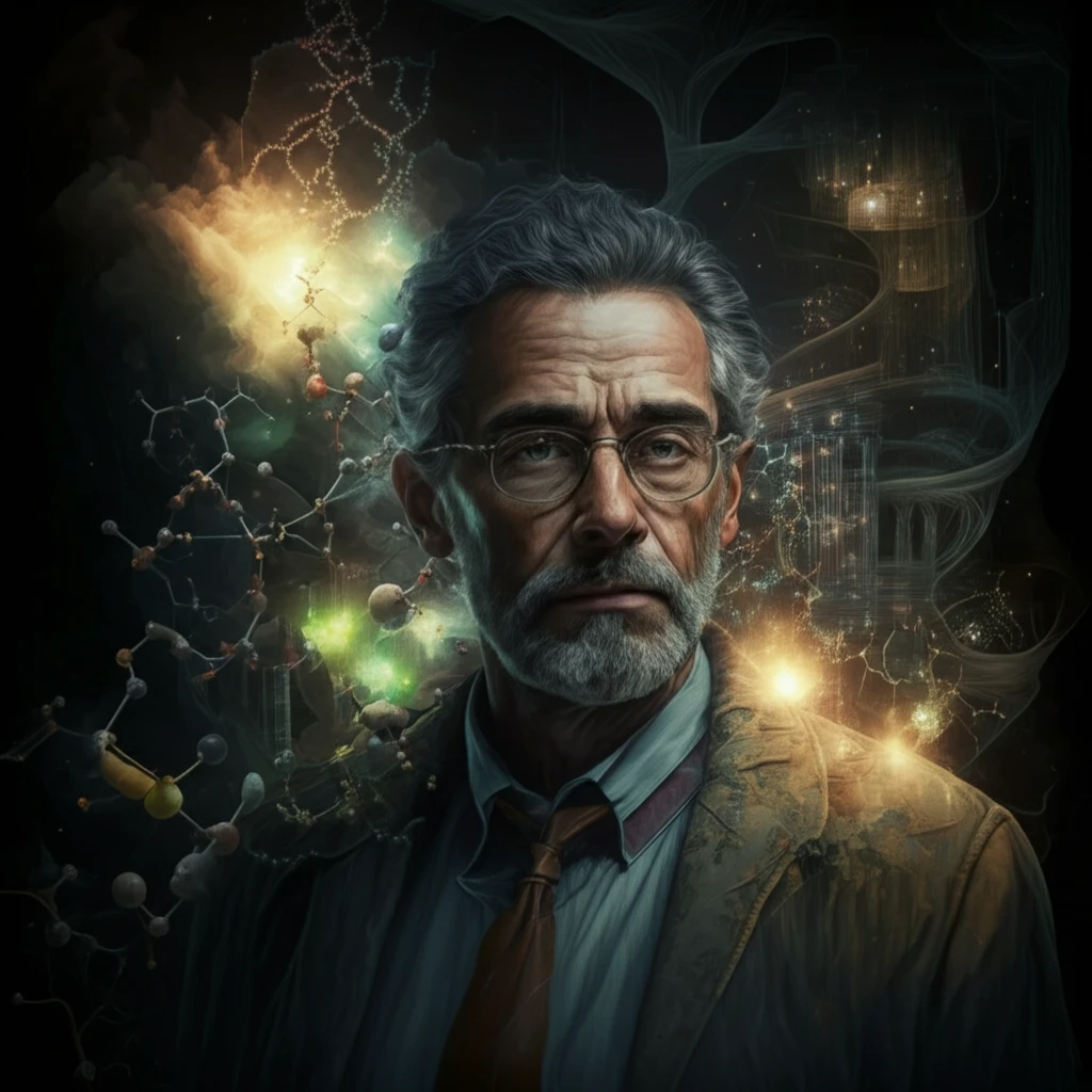 Surreal illustration of Ernesto Carmona amidst molecular structures.