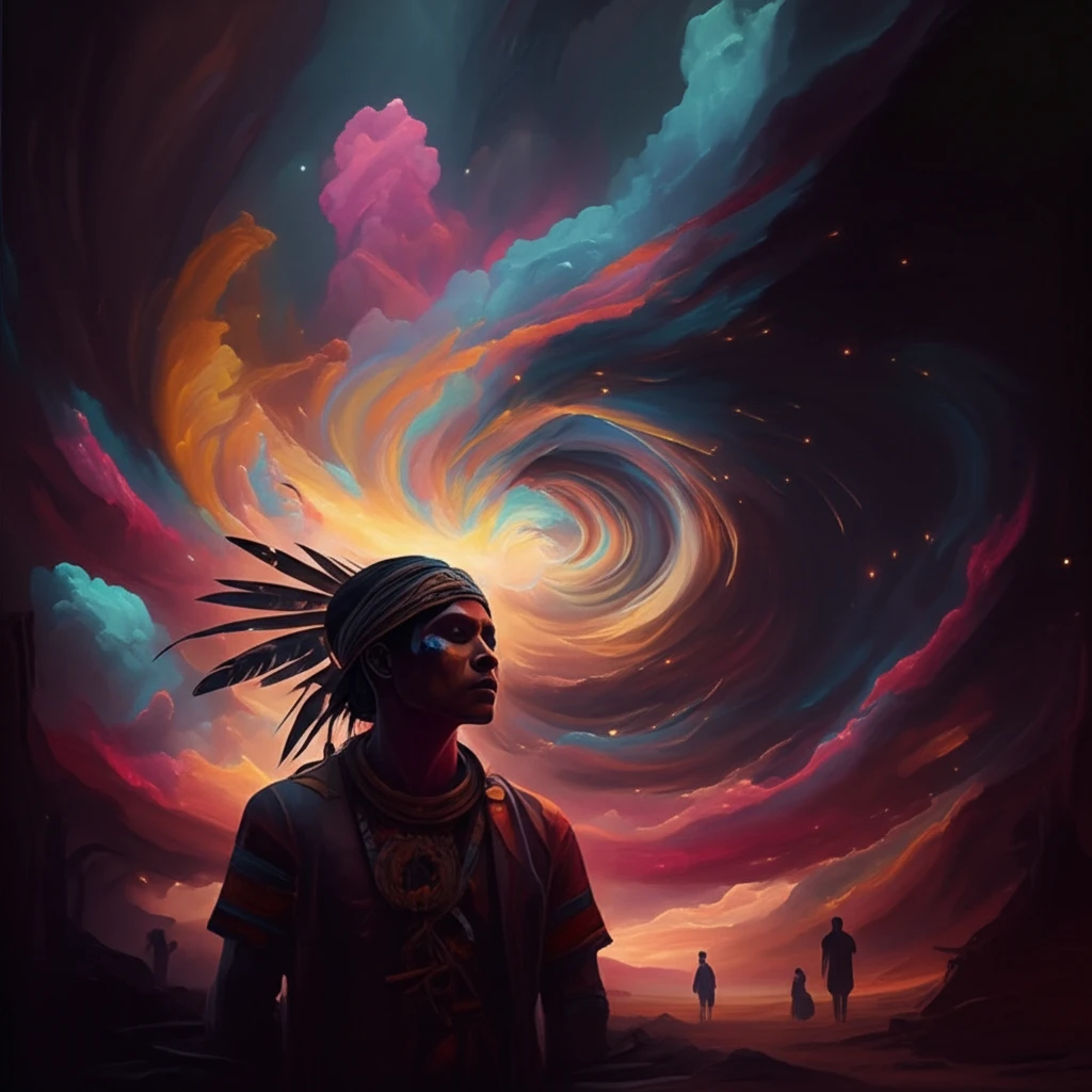 Surreal illustration of Indigenous person facing psychosis with community support.