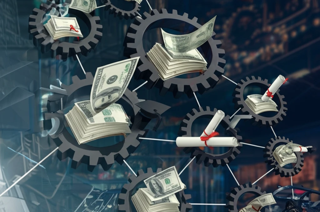 Interconnected gears and books symbolizing human capital and economic growth.