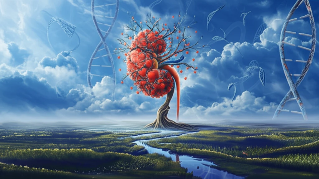 Surreal illustration of a kidney-shaped tree symbolizing uromodulin's role in health.