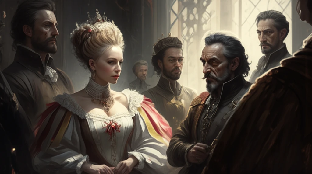 Queen Elizabeth I in a dimly lit chamber facing her advisor, William Cecil.