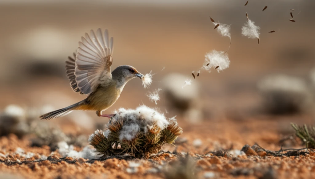 Karoo prinia carefully selecting Eriocephalus fluff for its nest, illustrating seed dispersal manipulation.