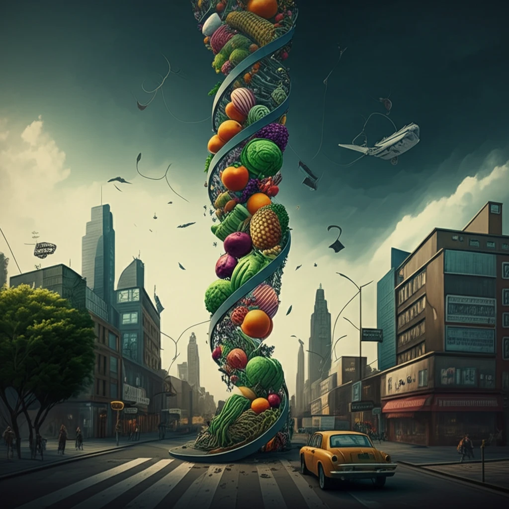 Double helix intertwined with fruits, vegetables, and cityscape.