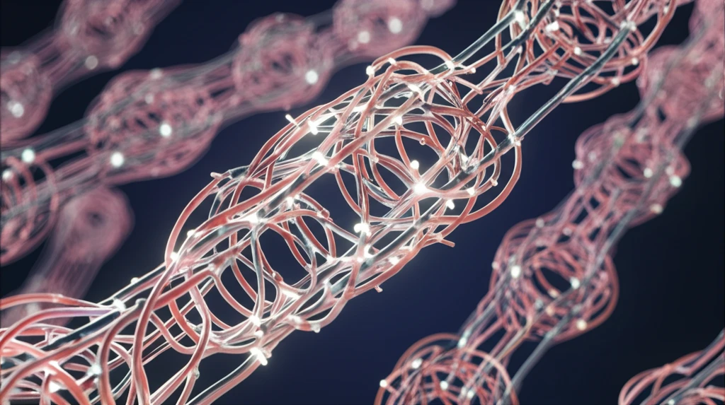 Digital illustration of intertwined polymer chains forming a complex network.