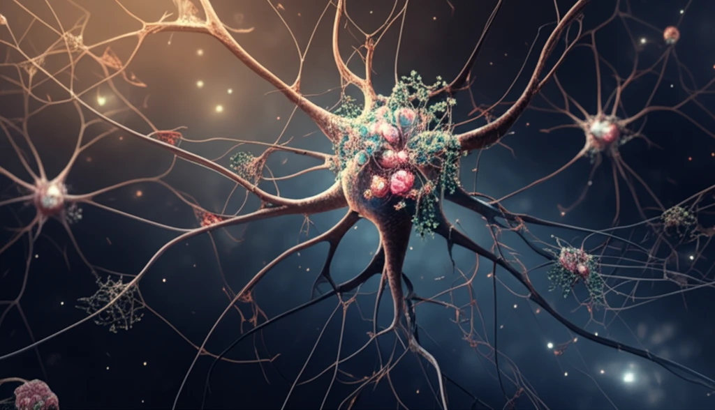 Neural network intertwined with stem cells, symbolizing GBS and stem cell transplant.