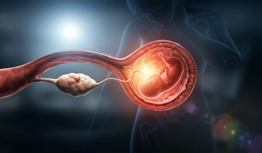 Illustration of an ectopic pregnancy with a woman silhouette in background.