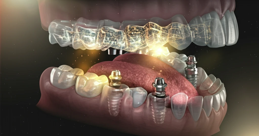 Intraoral welding illustration showing titanium framework and dental implants