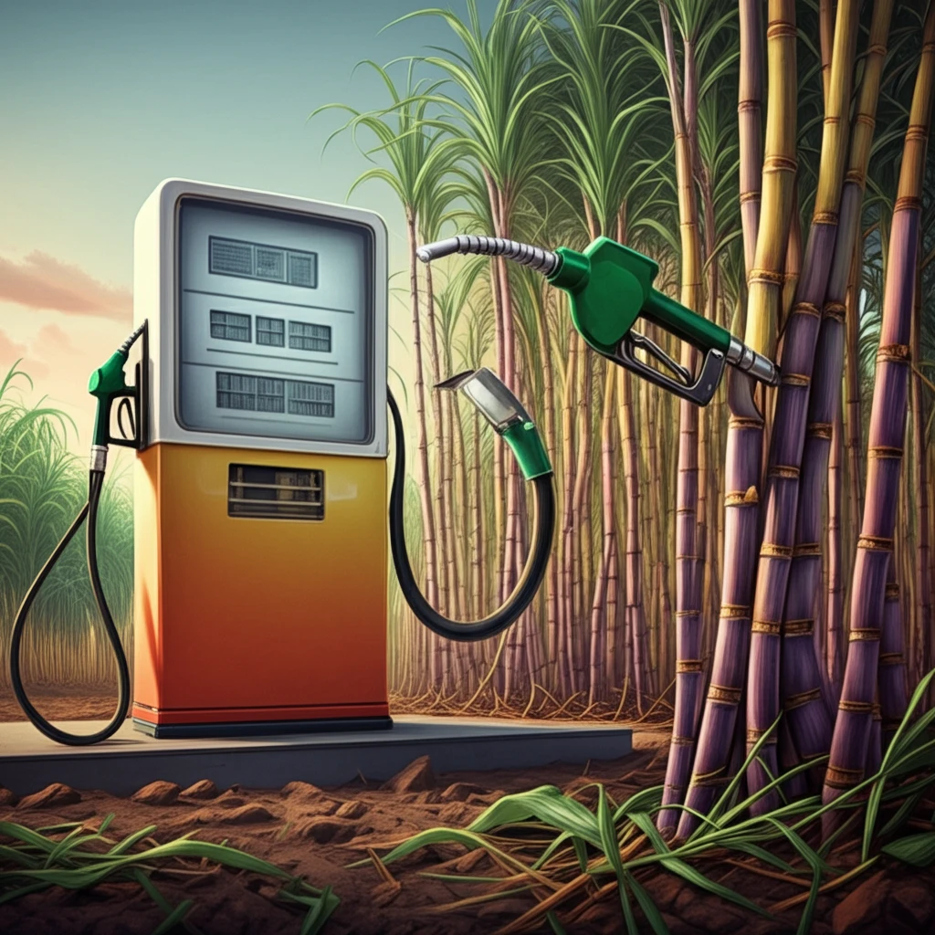 Gas pump transforming into a field of sugarcane, symbolizing the connection between fuel and agriculture.