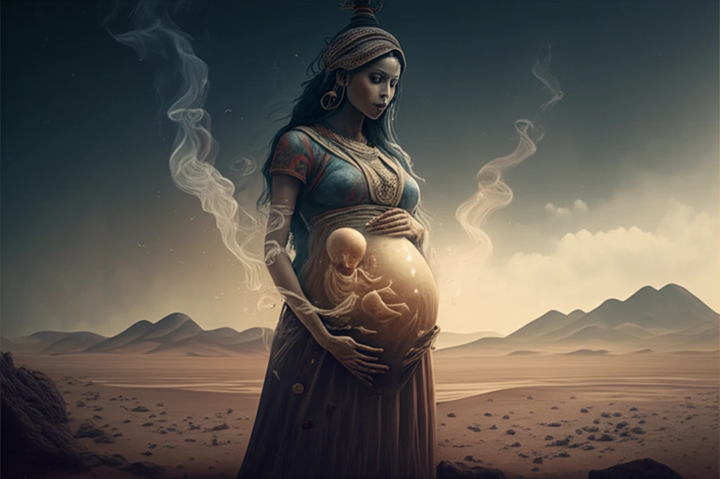 Surreal illustration of ancient Andean woman with tobacco smoke surrounding her.