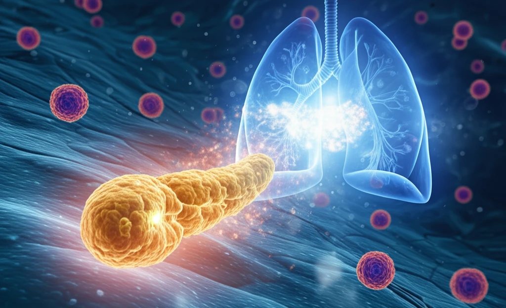 Illustration of SP-D protein halting the spread of pancreatic cancer cells.