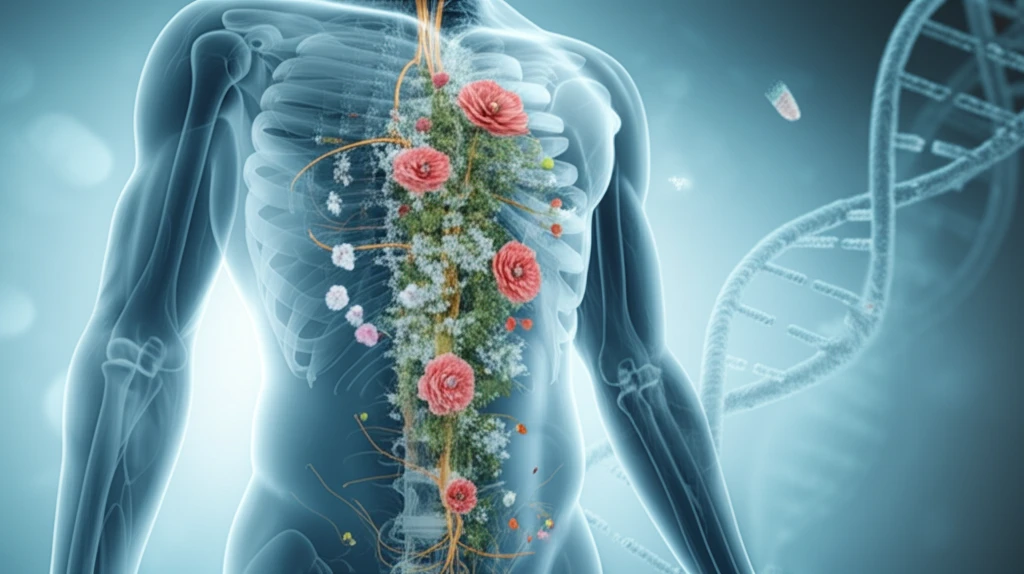 Spine transforming into flowers, symbolizing remission from ankylosing spondylitis