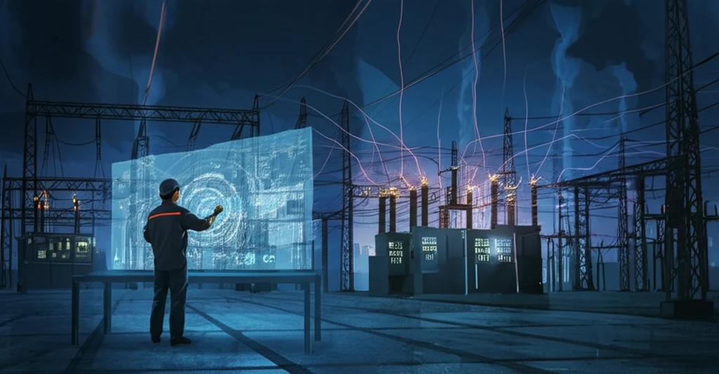 Futuristic substation at night with remote monitoring and digital control.