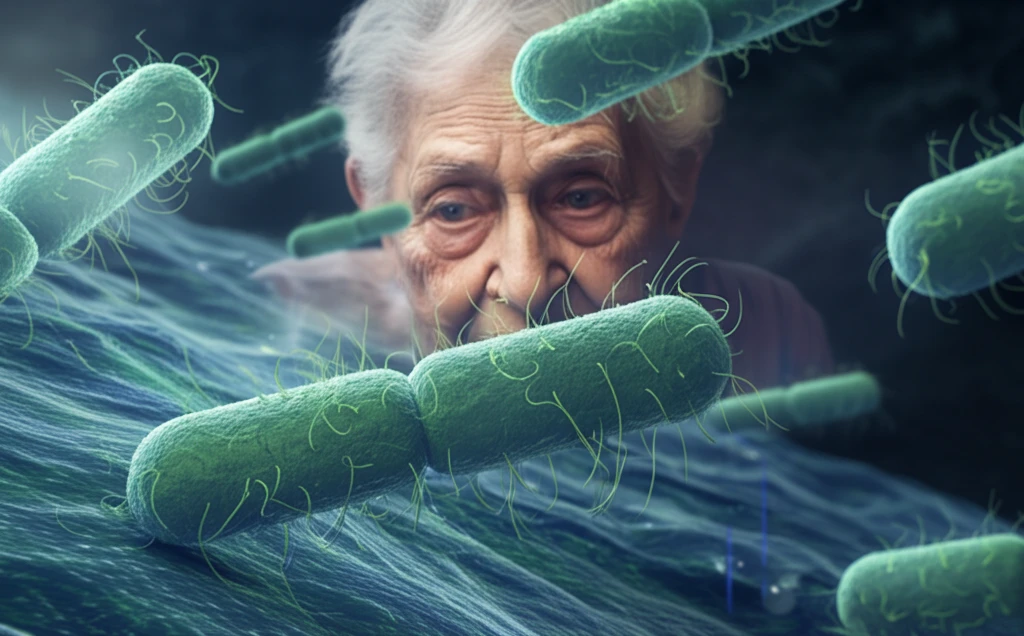 Arthrobacter creatinolyticus bacteria with elderly person's silhouette symbolizing vulnerability