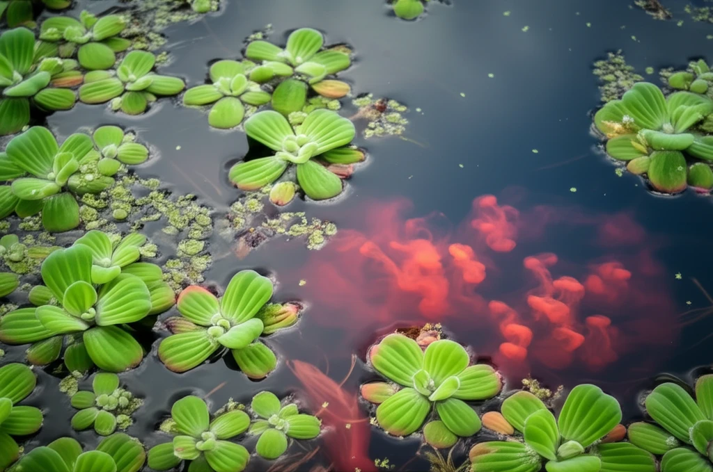 Azolla filiculoides absorbing Acid Red 88 dye from water.