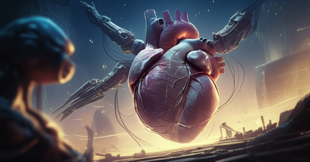Microscopic robots constructing a human heart using nanotechnology.