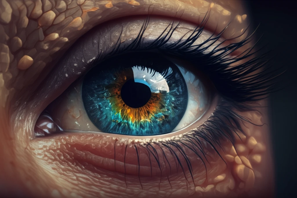 Surreal illustration of an eye with laser beams and a stormy cloud symbolizing potential complications of laser eye surgery.