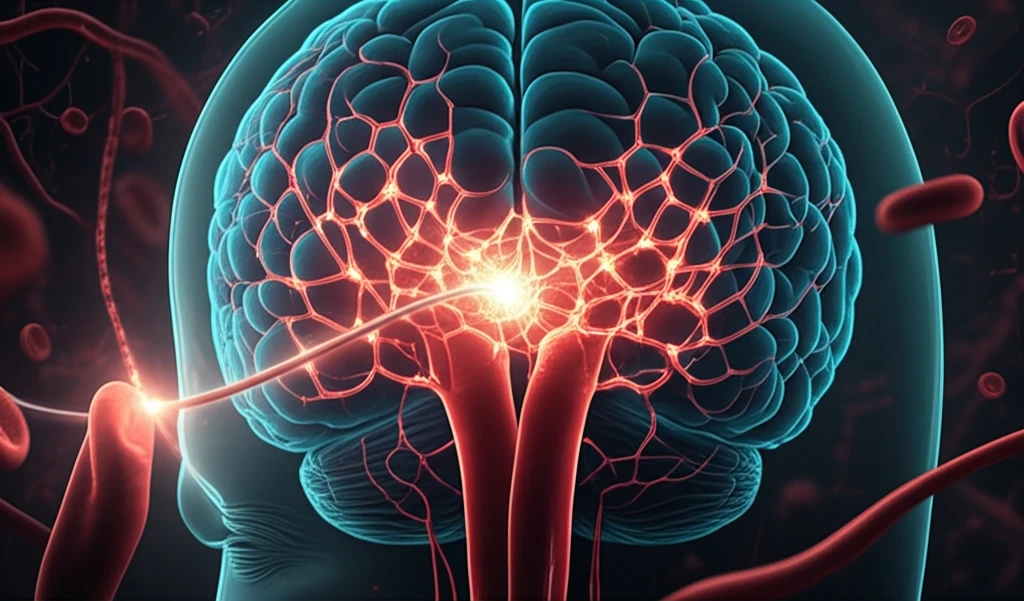 Surreal illustration of transvenous embolization within a stylized brain.
