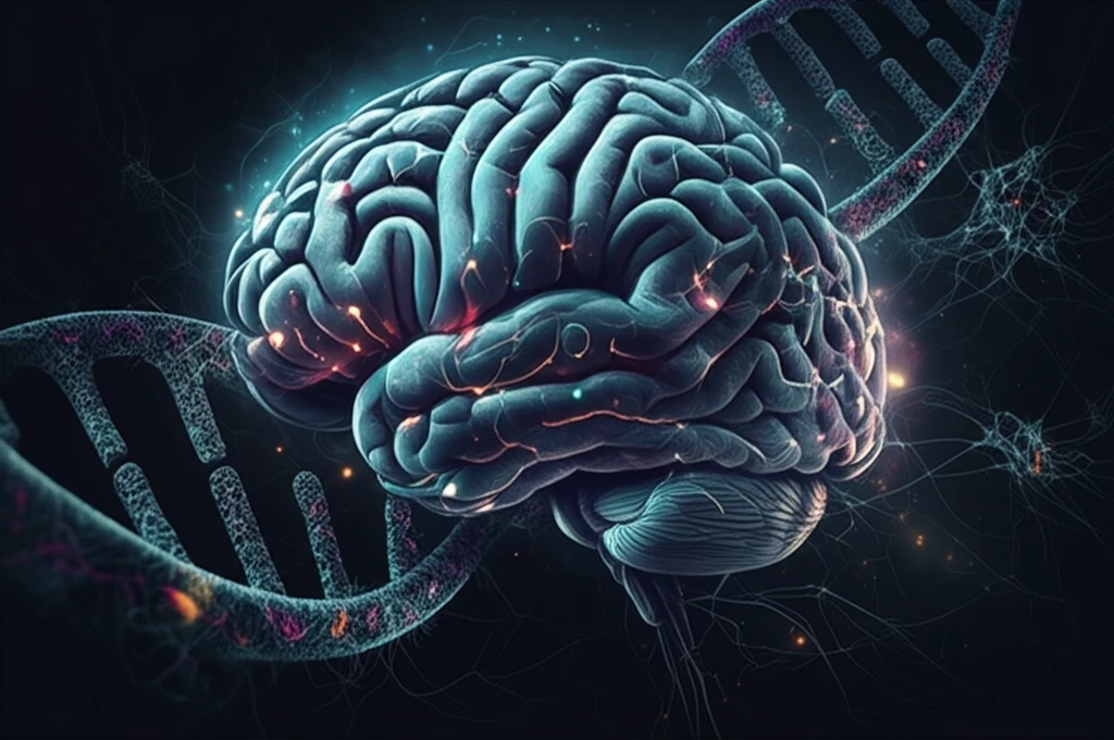 Surreal illustration of DNA and brain pathways symbolizing genetic influence on brain circuits in OCD.