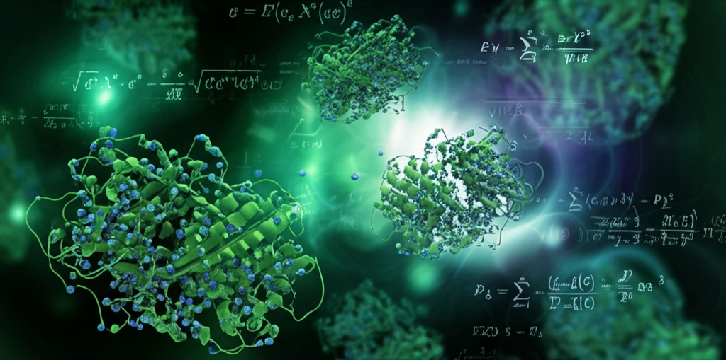 Enzyme Cascade Activation: Surreal digital illustration depicting enzyme activation with mathematical equations.