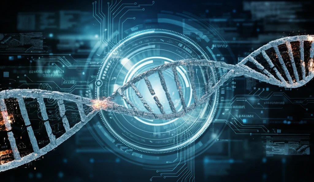 Futuristic DNA analysis with glowing circuits.