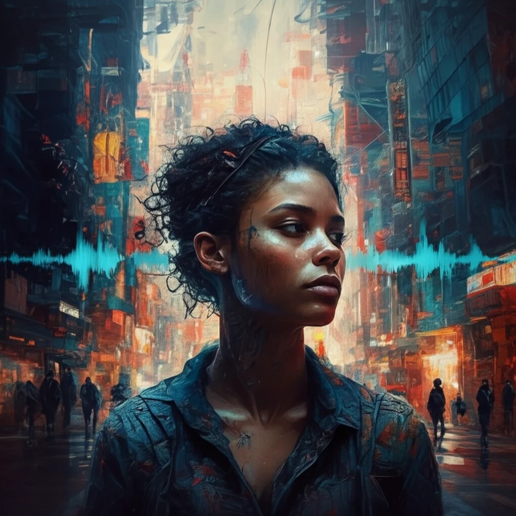 Surreal illustration symbolizing hidden hearing loss in a noisy cityscape.