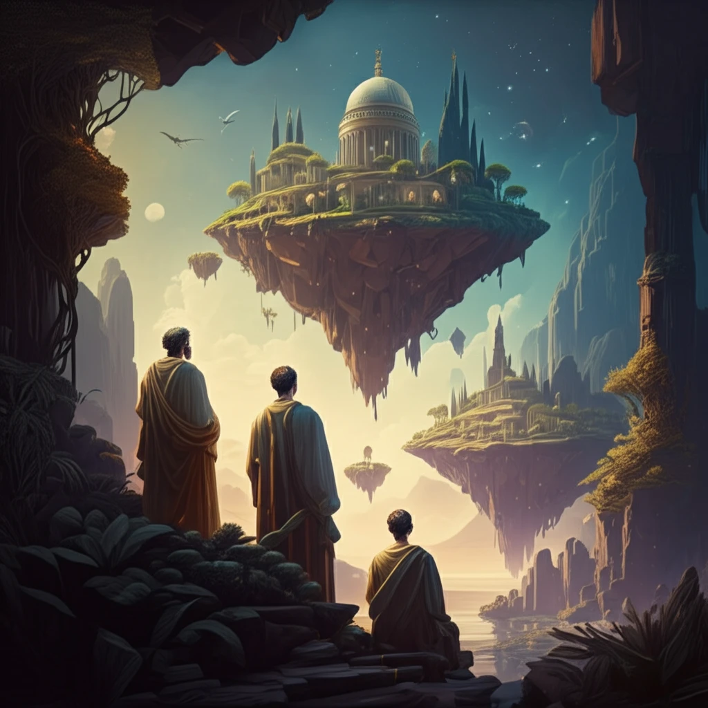 Surreal illustration of Theopomp's utopian islands floating in space, symbolizing ancient geographical thought.
