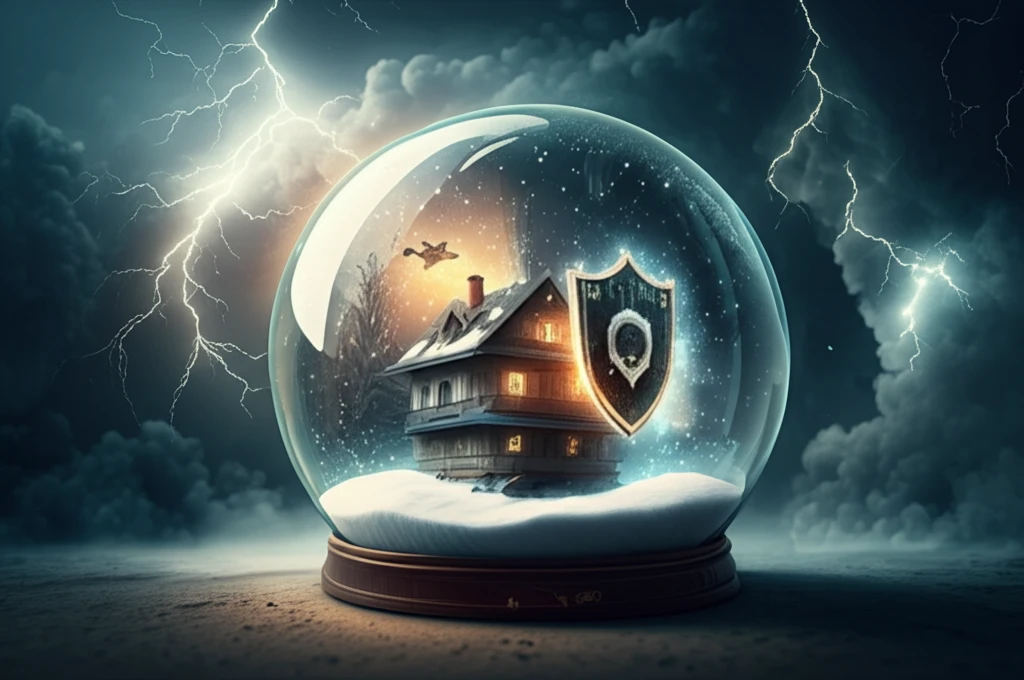 A snow globe with a protected home, representing household finances during an economic storm.