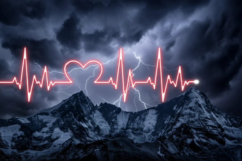 Heartbeat turns into mountains under stormy sky