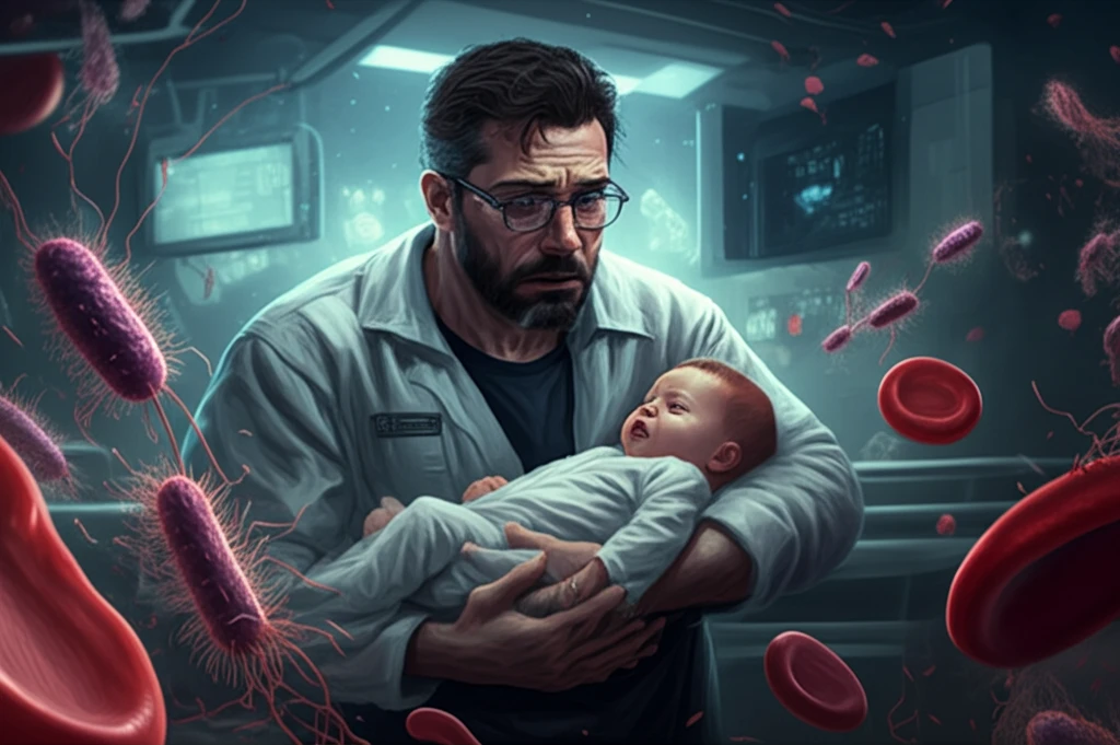 Worried parent holding a feverish baby surrounded by symbolic blood cells and bacteria.