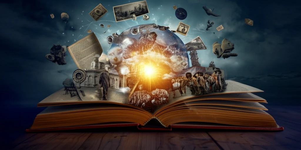 Open book with historical scenes emerging, representing untold stories of the 20th century.