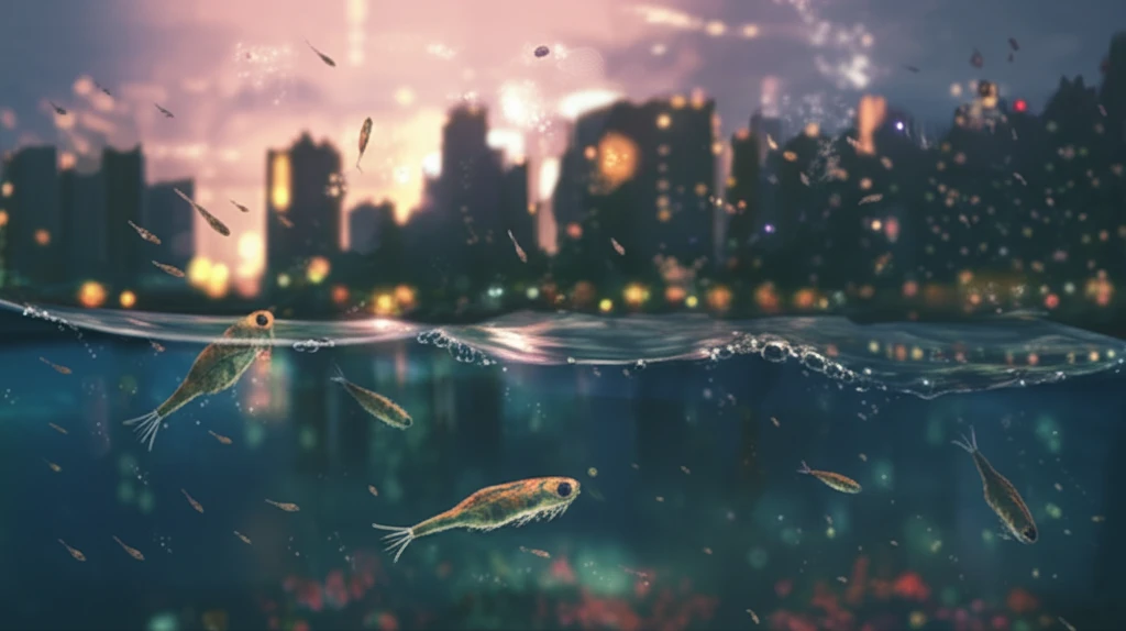 Surreal illustration of copepods in Tokyo Bay, symbolizing climate change impact.