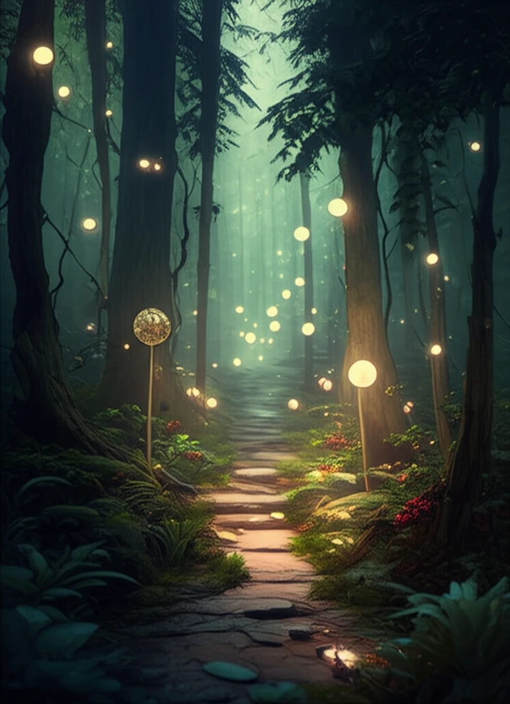 Diverse forest with glowing orbs, symbolizing ecosystem interconnectedness.