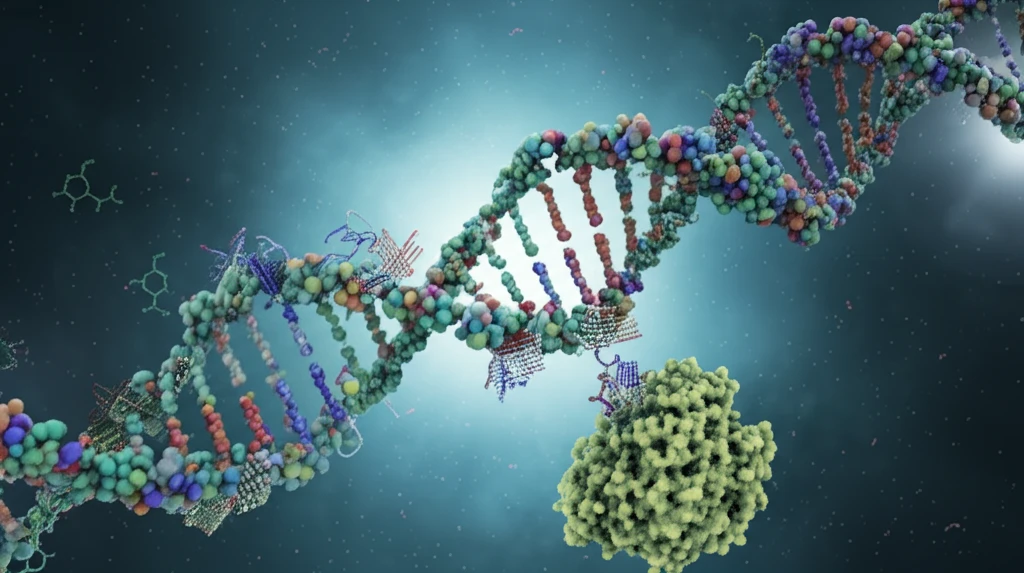 Illustration of DNA double helix with chromatin structures and TOP2B enzyme