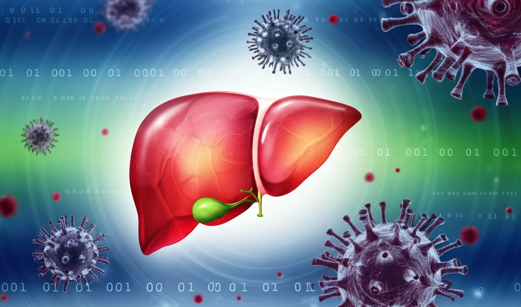 Stylized illustration of a liver with antiviral molecules.