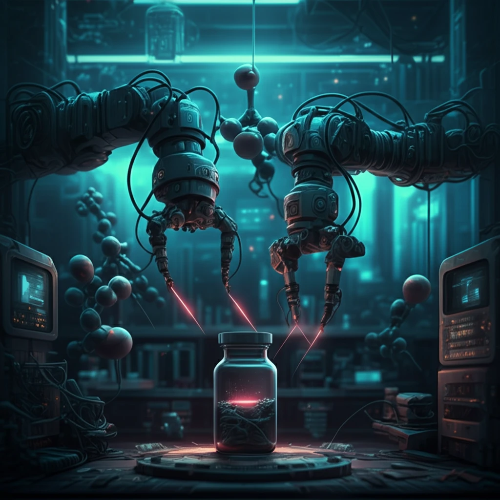 Futuristic pharmaceutical lab with robotic arms scanning medicine vials using lasers.