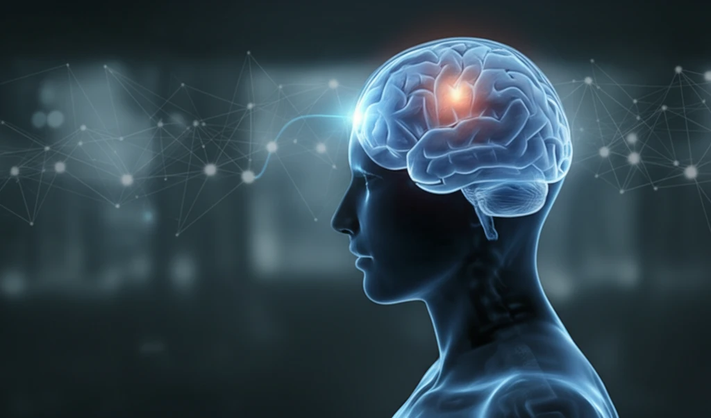 Wearable sensor connected to glowing AI brain, visualizing smart diabetes management.