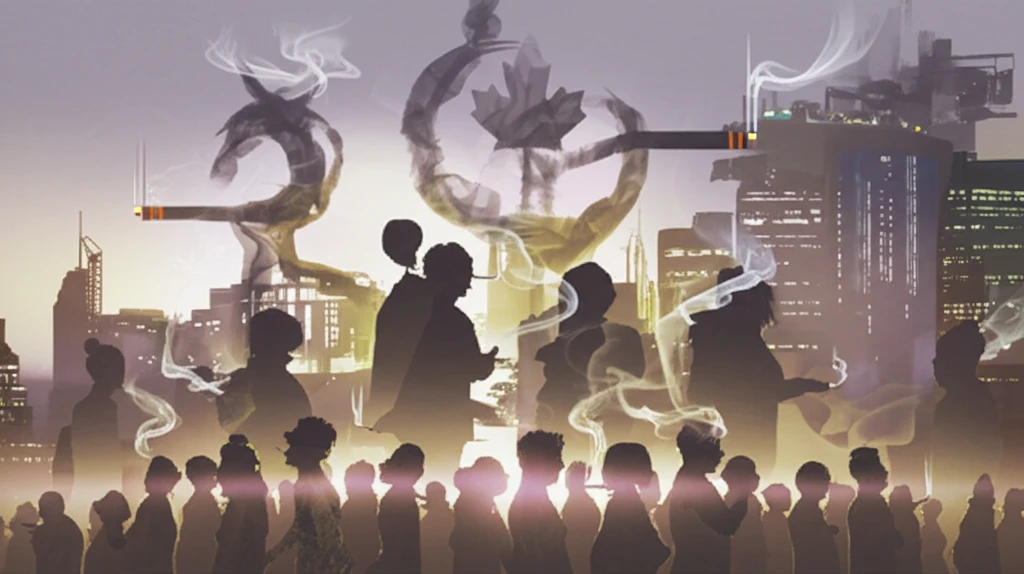 Diverse group of people in a cityscape, cultural symbols formed from smoke, representing smoking habits among Canadian immigrants.