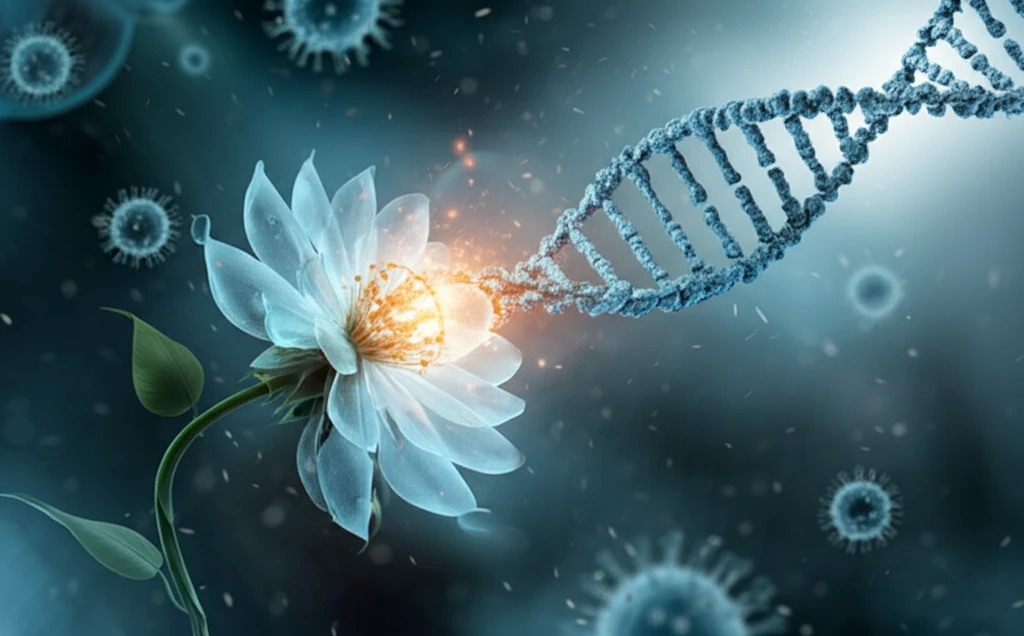 DNA transforming into a flower, HPV virus in background