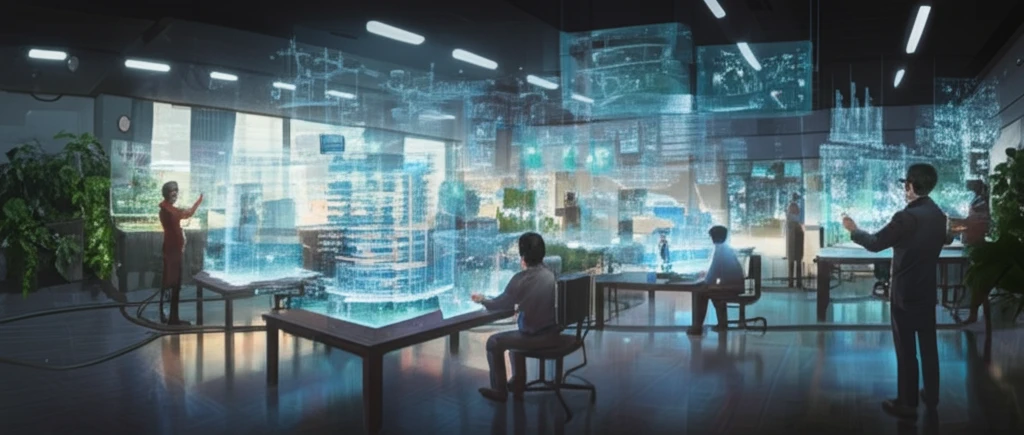 Futuristic architecture classroom with holographic models.
