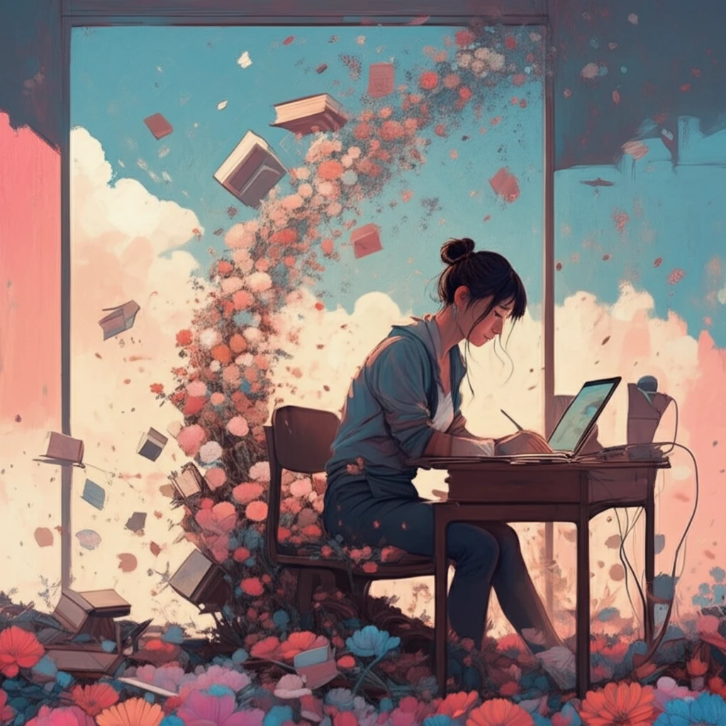 Surreal illustration of a woman writing amidst blooming books.